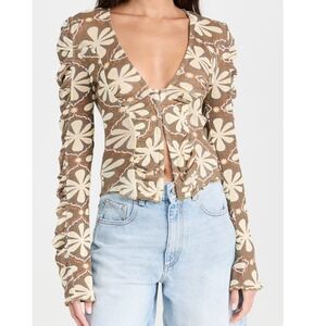 Free People Top Medium Floral Print Mesh Top Ruched Bell Sleeves BOHO hippie